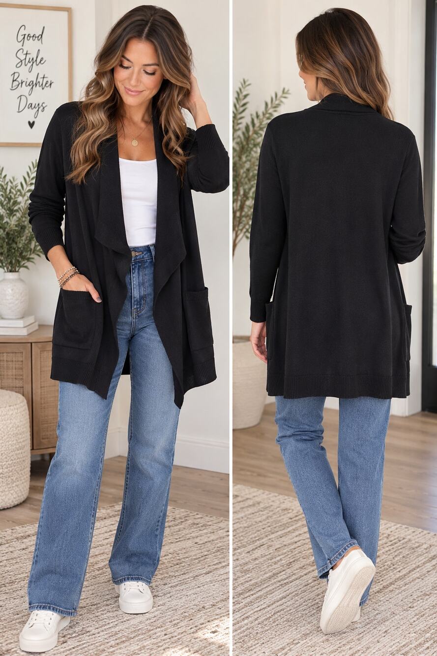 White House Black Market Black Open Front Cardigan Drape Pockets S
